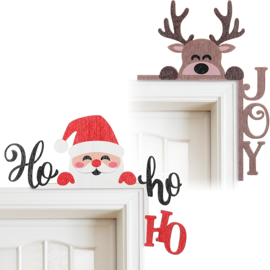 2 Pcs Christmas Door Topper Santa Claus Antlers Door Frame Decor