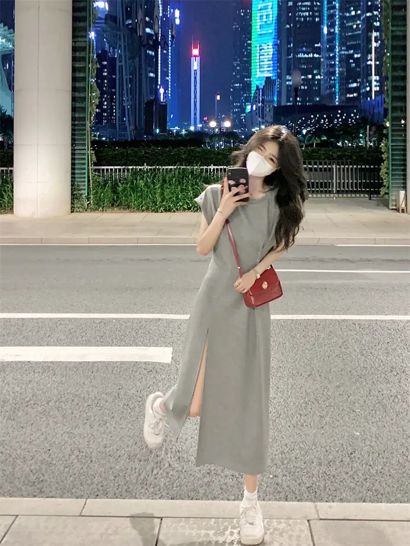 Women's Round Neck Waistband Slimming Dress