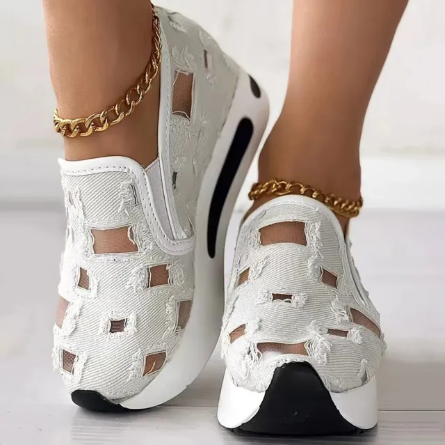 Hollow Out Canvas Shoes 6cm Heel Height Casual Shoes Fashion Flats White - Shop at LoveMi