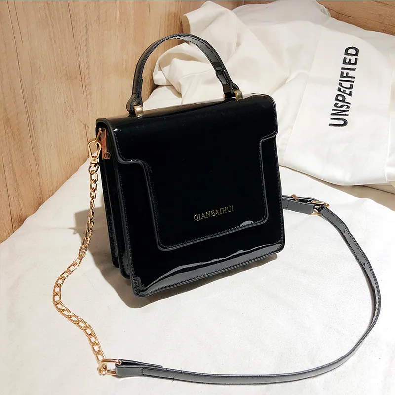 Lacquer Leather Versatile Chain One Shoulder Crossbody Small Square Bag - Black