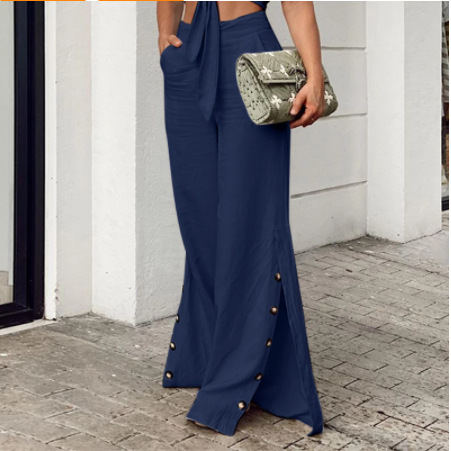 Spring Fashion High Waist Cotton Linen Wide Leg Pants Navy - Shop at LoveMi