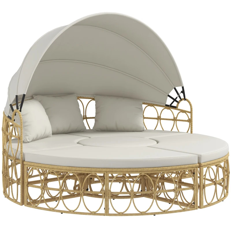 Patio Furniture Set, Round Outdoor Daybed With Retractable Canopy, Hollow Wicker PE Rattan Sectional Sofa With Washable Couch Cushions For Pool, Lawn, Cream White