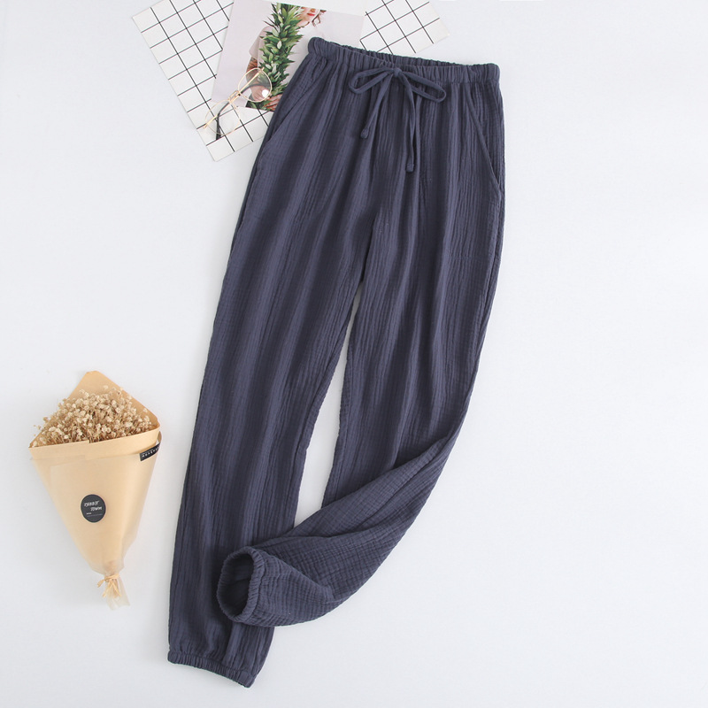 Summer Cotton Loose Home Trousers Crepe Pajama Pants Navy - Shop at LoveMi