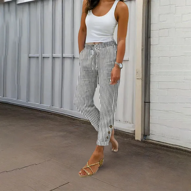 Women's Striped Elastic Waist Pants Button Accent With Pockets, Casual Comfort Trousers For Spring&Fall Black - Shop at LoveMi