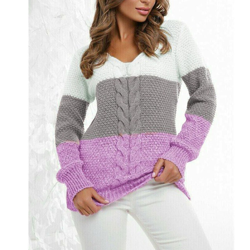 Spliced Twist V-neck Knitted Long-sleeved Pullover Sweater