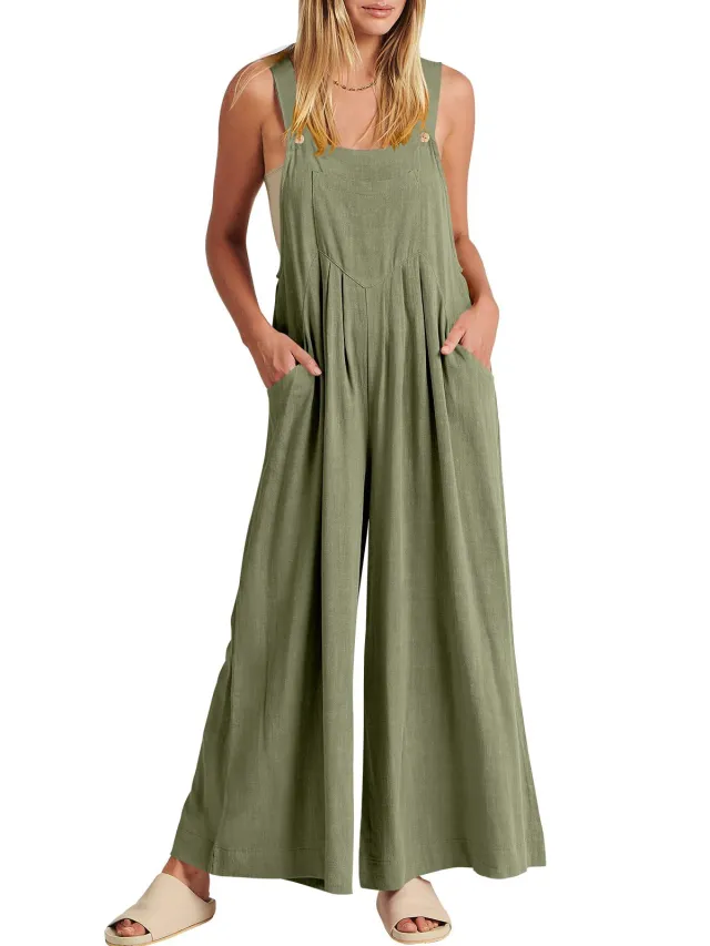 Women's Solid Color Loose Casual Cotton And Linen Suspender Jumpsuit Olive Green - Shop at LoveMi