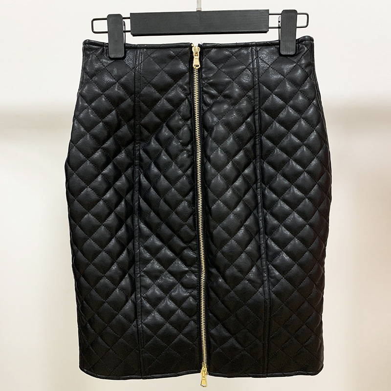 Title 3, Rhombus leather zipper high waist skirt