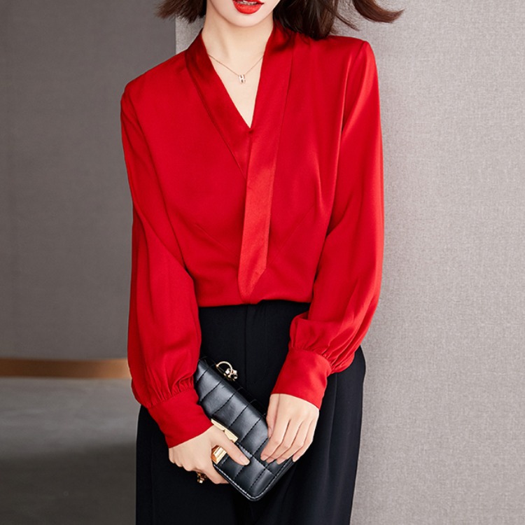 Satin Red V-neck Silk Shirt And Chiffon Top