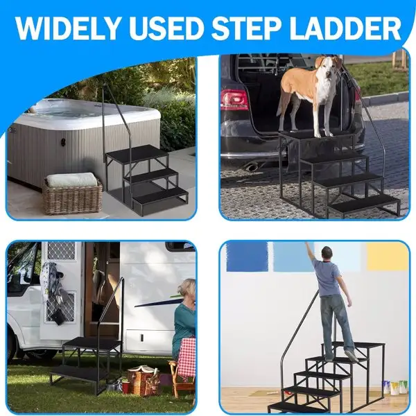 RV Step Stool,4 Step Ladder,Hot Tub Steps With Handrail,Portable Pool Ladder,660Lbs Heavy Duty Ladder Shelf Outdoor Mobile Home Stairs For Camper-Porch-SPA Pool