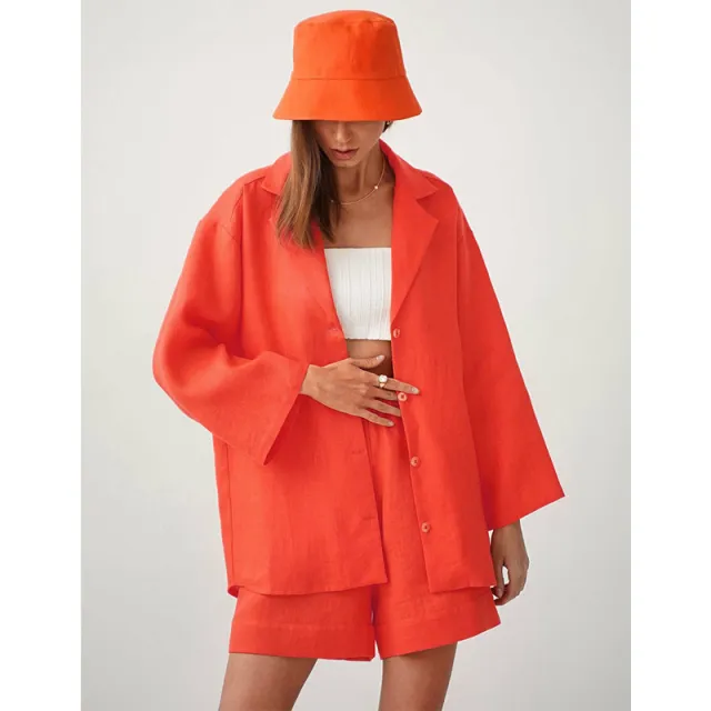 Loose Fitting Single Breasted Shirt High Waisted Straight Leg Pants Orange - Shop at LoveMi