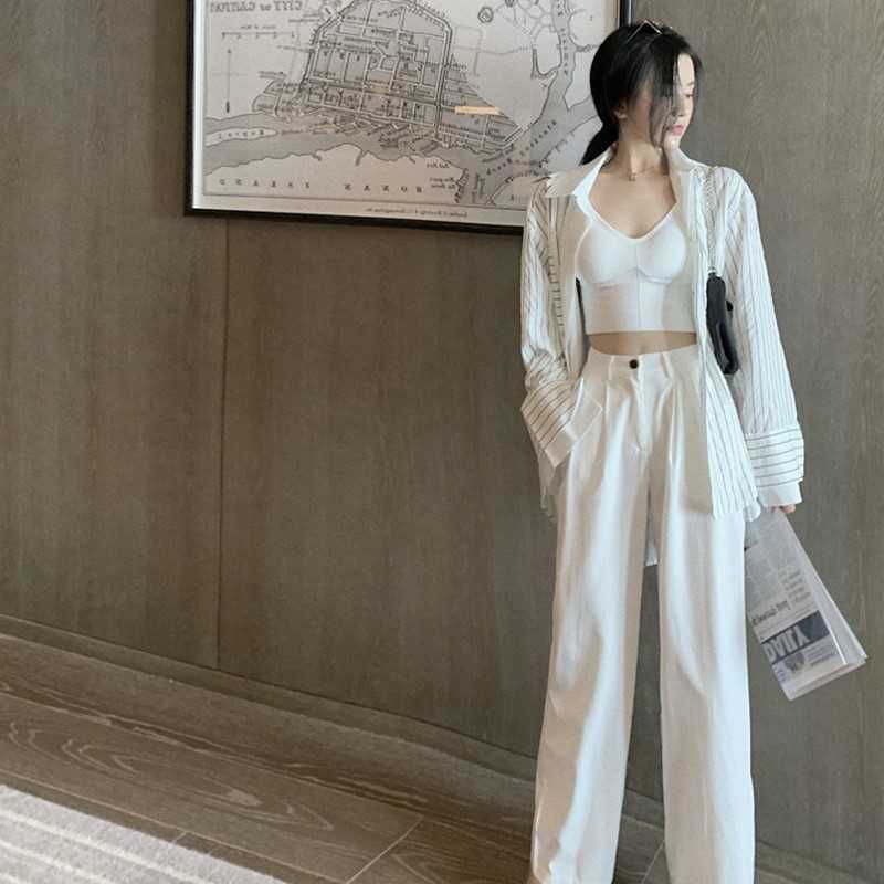 Women's Autumn New Fashion Casual Hong Kong Style Shirt Wide Leg Pants Suit