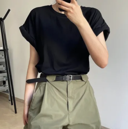 Sleek Design Rolled Cuffs Short Sleeves Black - Shop at LoveMi