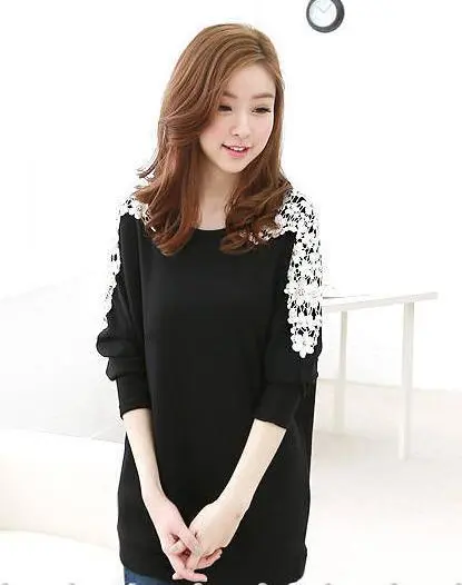 Korean Women's Lace Decorative Beaded Long sleeved T shirt Black - Shop at LoveMi