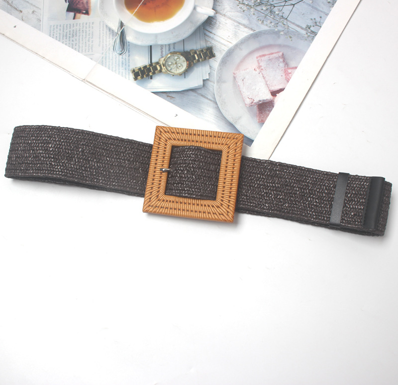 Ladies Fashion Wax Rope Braided Square Buckle Posey Wide Belt