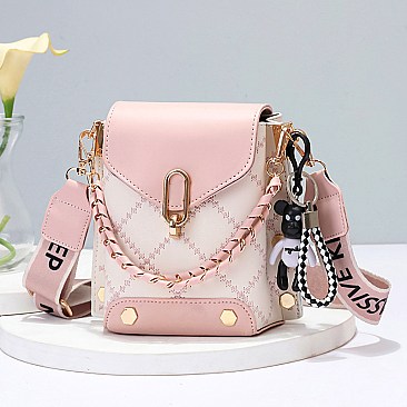 Only Self Pickup---Women's Trendy Plaid Mini Shoulder Bag With Bear Charm, Chain Strap, And Colorblock Design  Perfect For Casual Outings And Daily Use Earth Yellow Black