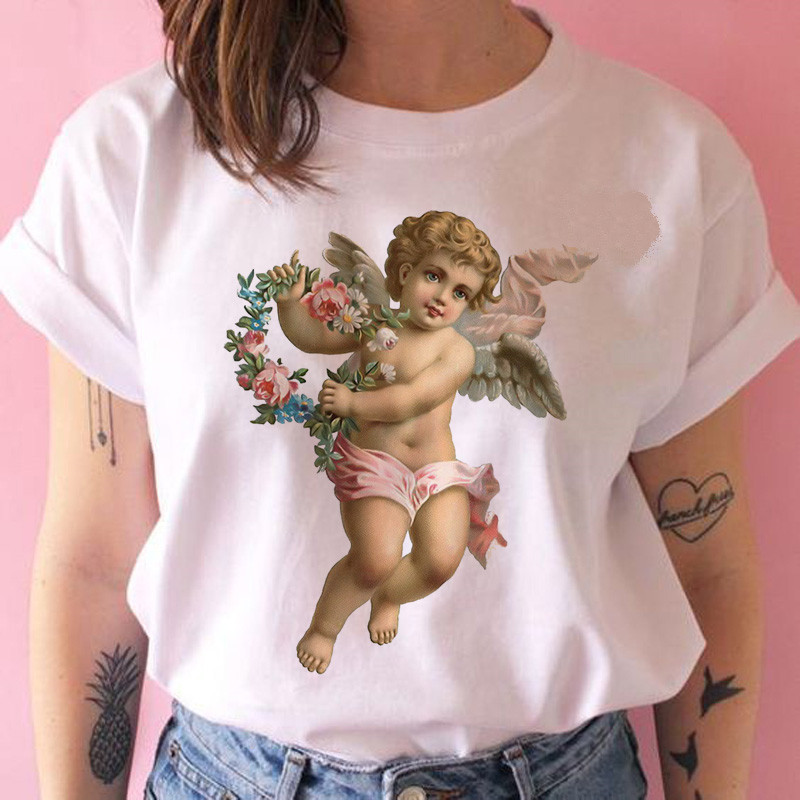 Title 3, Cute Cartoon Angel Baby Print Ladies Short Sleeve