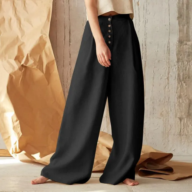 TrousersLadies' Solid High Waist Casual Button Cotton And Linen Wide Leg Trousers Black - Shop at LoveMi