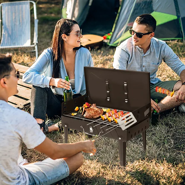 Barbecue Grill Outdoor Portable Charcoal Grill Collapsible Iron Square Charcoal Grill 17.32x10.63x8.66 Inch Black