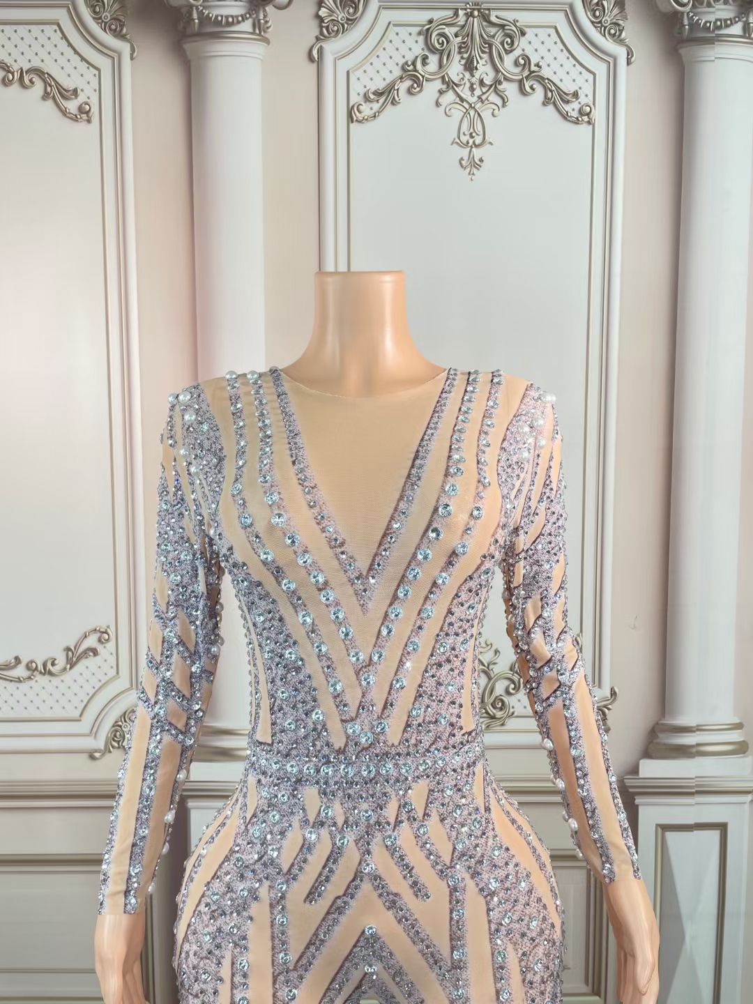 Catwalk Rhinestone Fringed Mesh Stretch Bodysuit - Image 3
