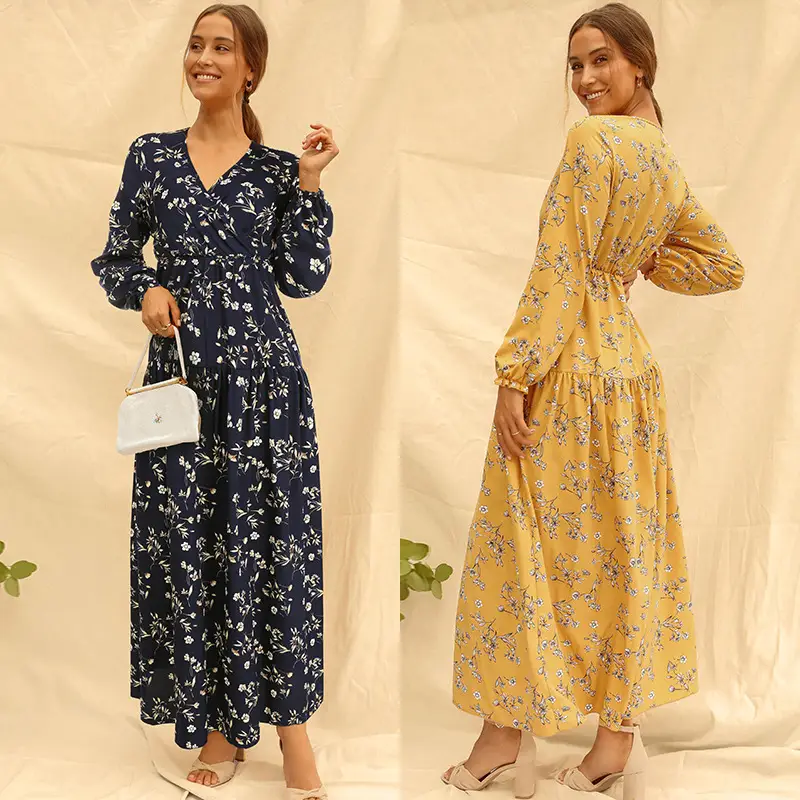 V-neck Long-sleeved Printed Skirt Long Floral Dress