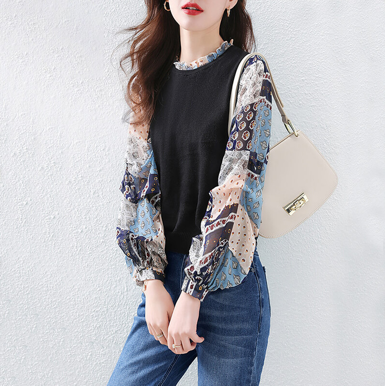 Printed Stitching Sweater Fake Two-piece Puff Sleeves