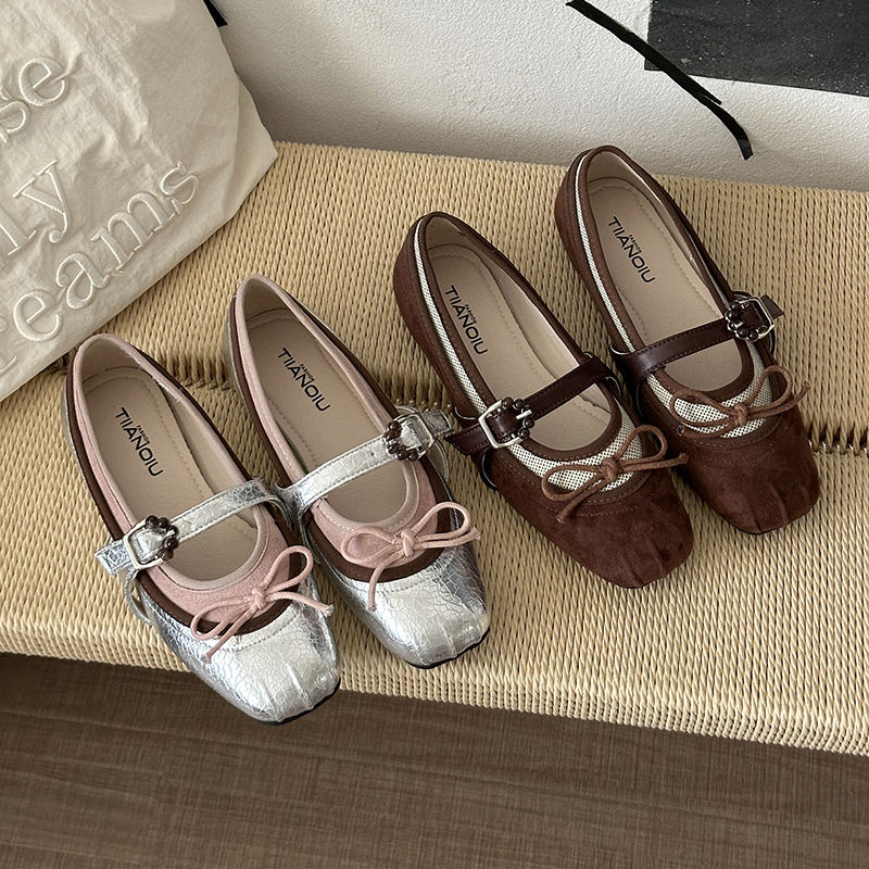 Women Vintage Mixed Texture Two-Tone Suede Cap Toe Mary Jane Flats, Split Toe Mini Fabric Front Bow Cracked Metallic Leather Single Bead Buckle Slip On Sweet Girly Casual Daily Doll Ballerina Loafer