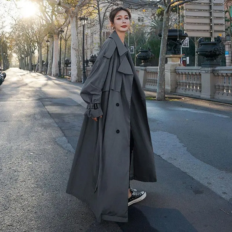 Ladies Fashion Over The Knee Loose Overcoat Jacket - Grey With Lining