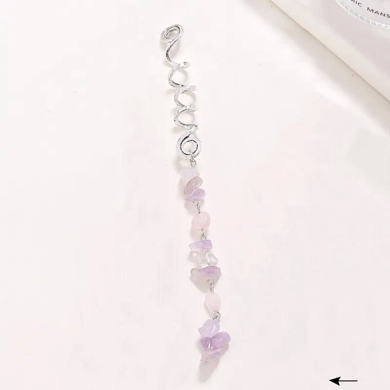 Natural Stone Pendant Hair Ring Head Rope Dreadlocks - Silver Base Light Purple Long
