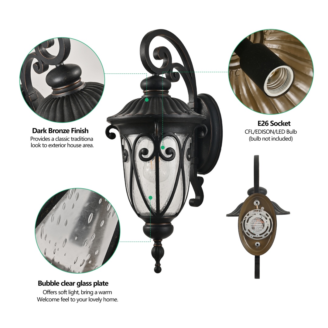 23in H 1-pack Classic Outdoor Wall Lantern, Black Vintage Wall Sconce With Bubble Glass, Weatherproof Exterior Light Fixture For Porch, Patio, And Entryway  Bulb Not Included