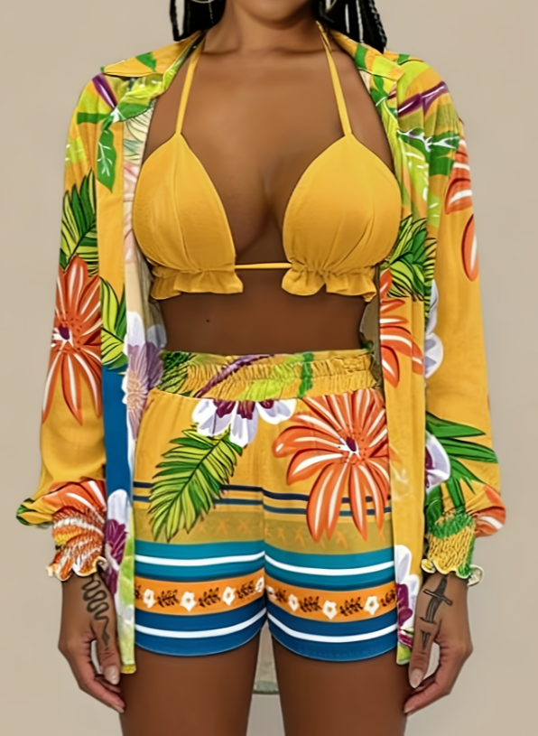 Women's Tropical Retro Floral Print Three-Piece Set