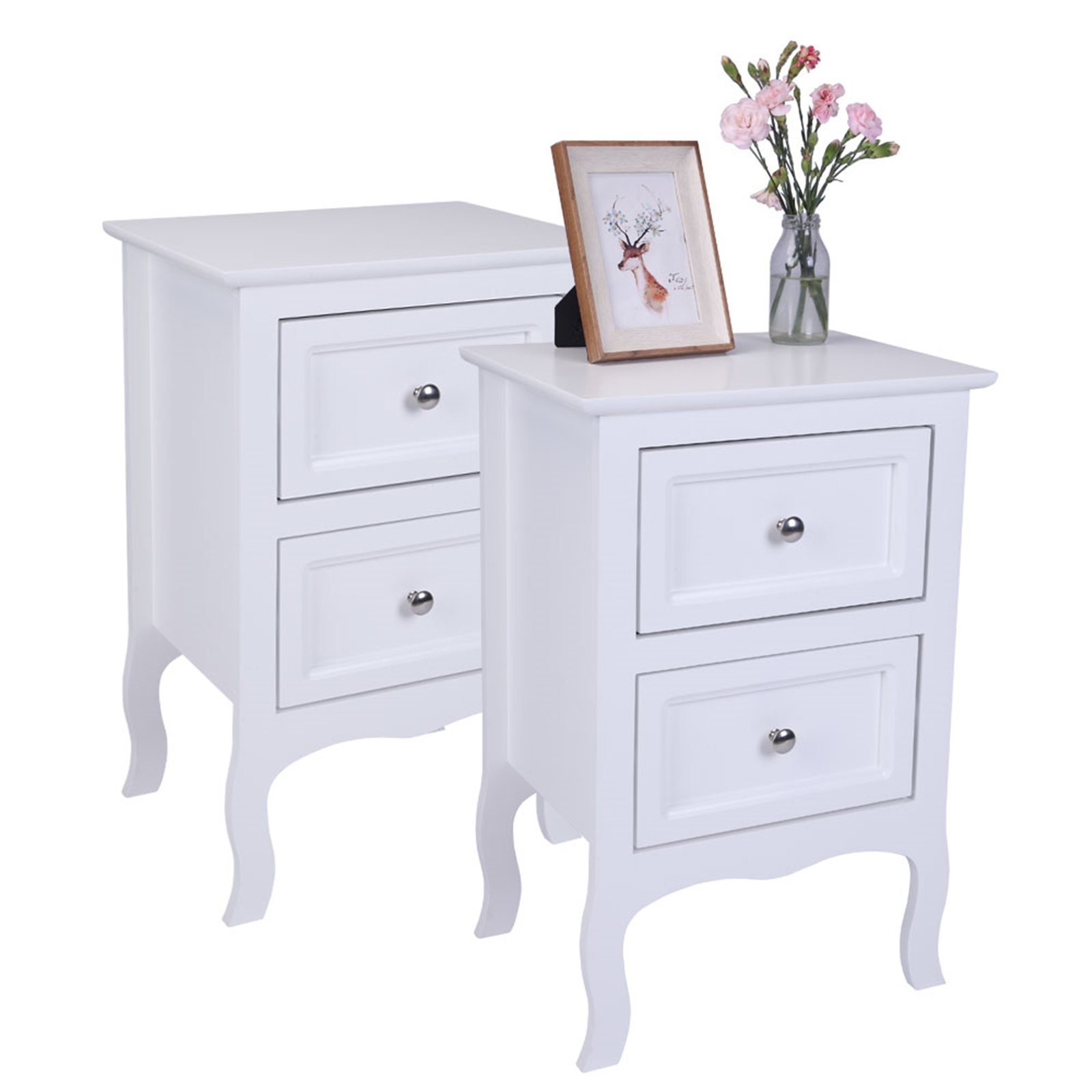 Rustic Two-tier Bedside Table - White - Large Size 2 Pieces