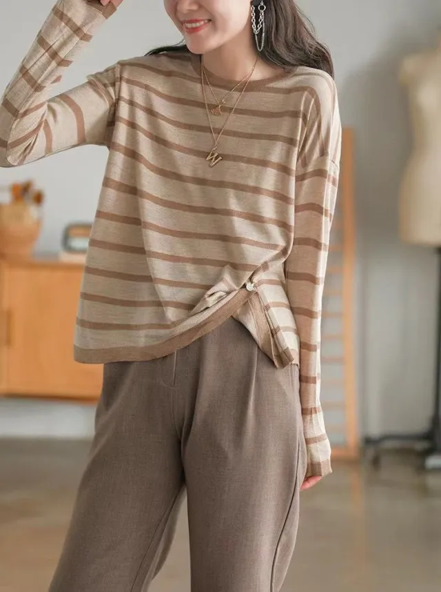 Autumn New Style Striped Long sleeved Round Neck Temperament Khaki - Shop at LoveMi
