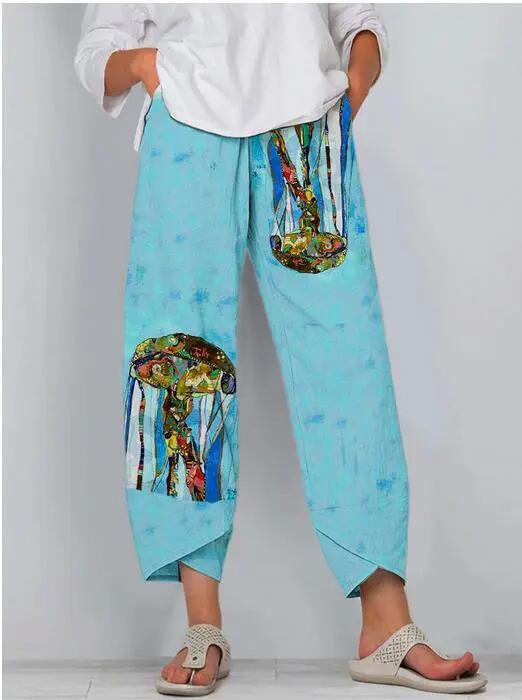 Cartoon Art Illustration Print Sew Pocket Hem Casual Pants Sky Blue - Shop at LoveMi
