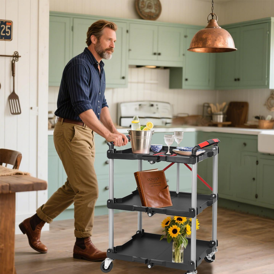 Foldable Utility Service Cart, 3 Shelf Heavy Duty Plastic Rolling Cart With... 7