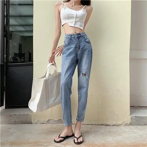 Ripped Nine point Jeans Women's New Plus Size Fat Light Blue - Shop at LoveMi