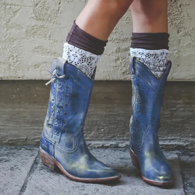 European And American Style Thick Heel Plus Size Mid tube Knight Boots Women Boots Blue - Shop at LoveMi