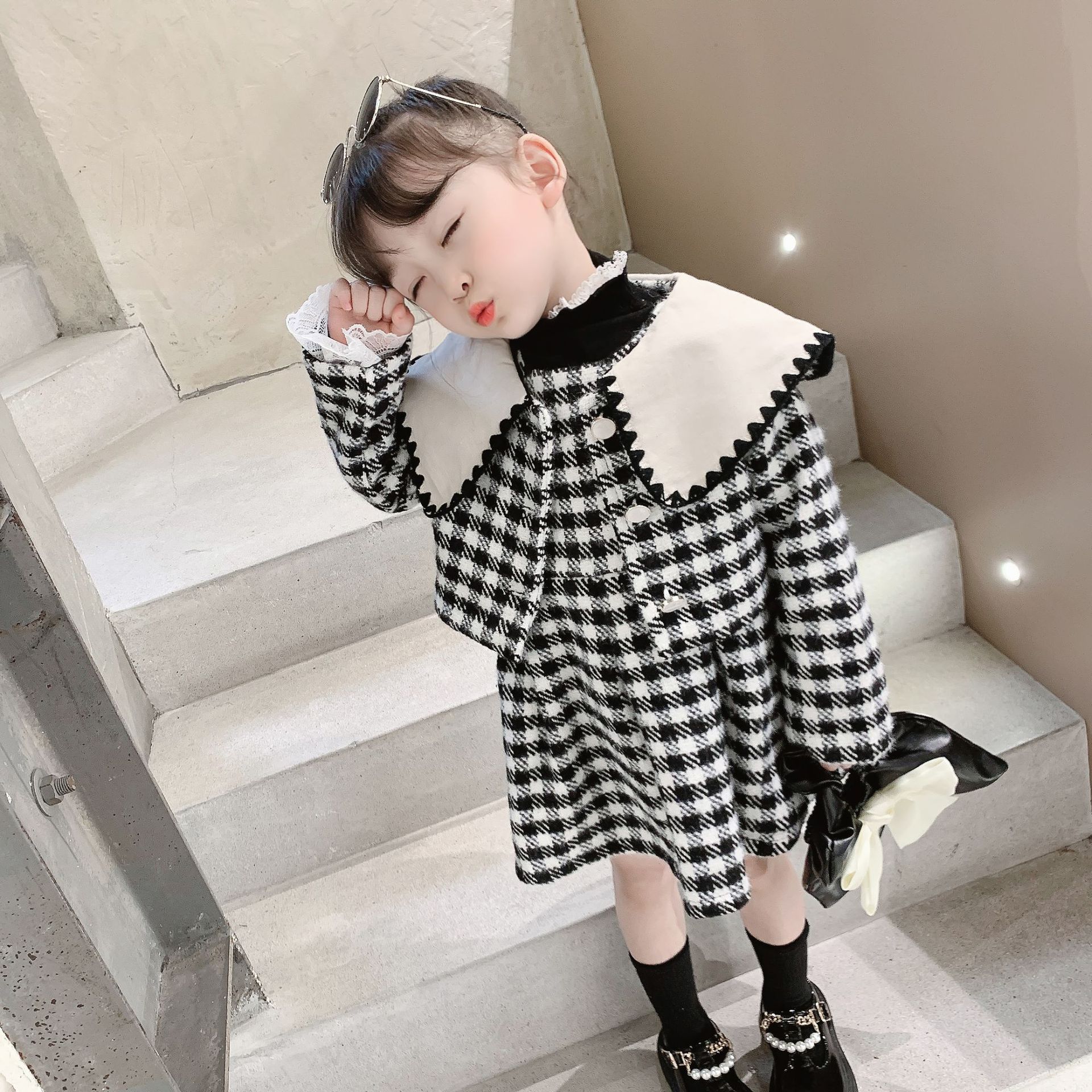 Girl's Autumn And Winter Suit Preppy Black And White Checked Wool Coat