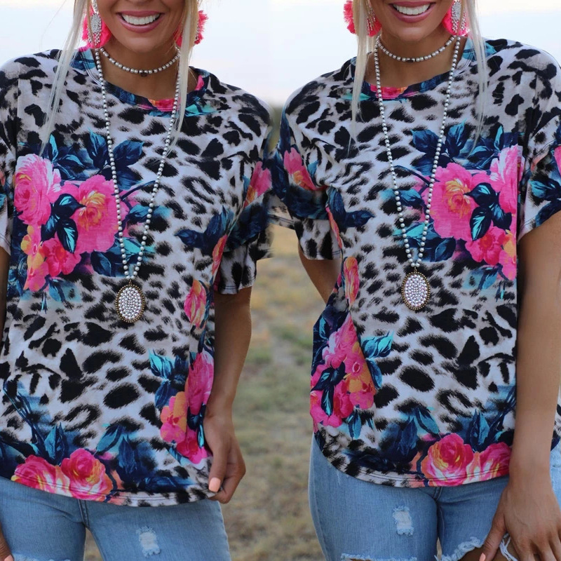 Women Printed Crew Neck Ruffle Sleeve Loose Top