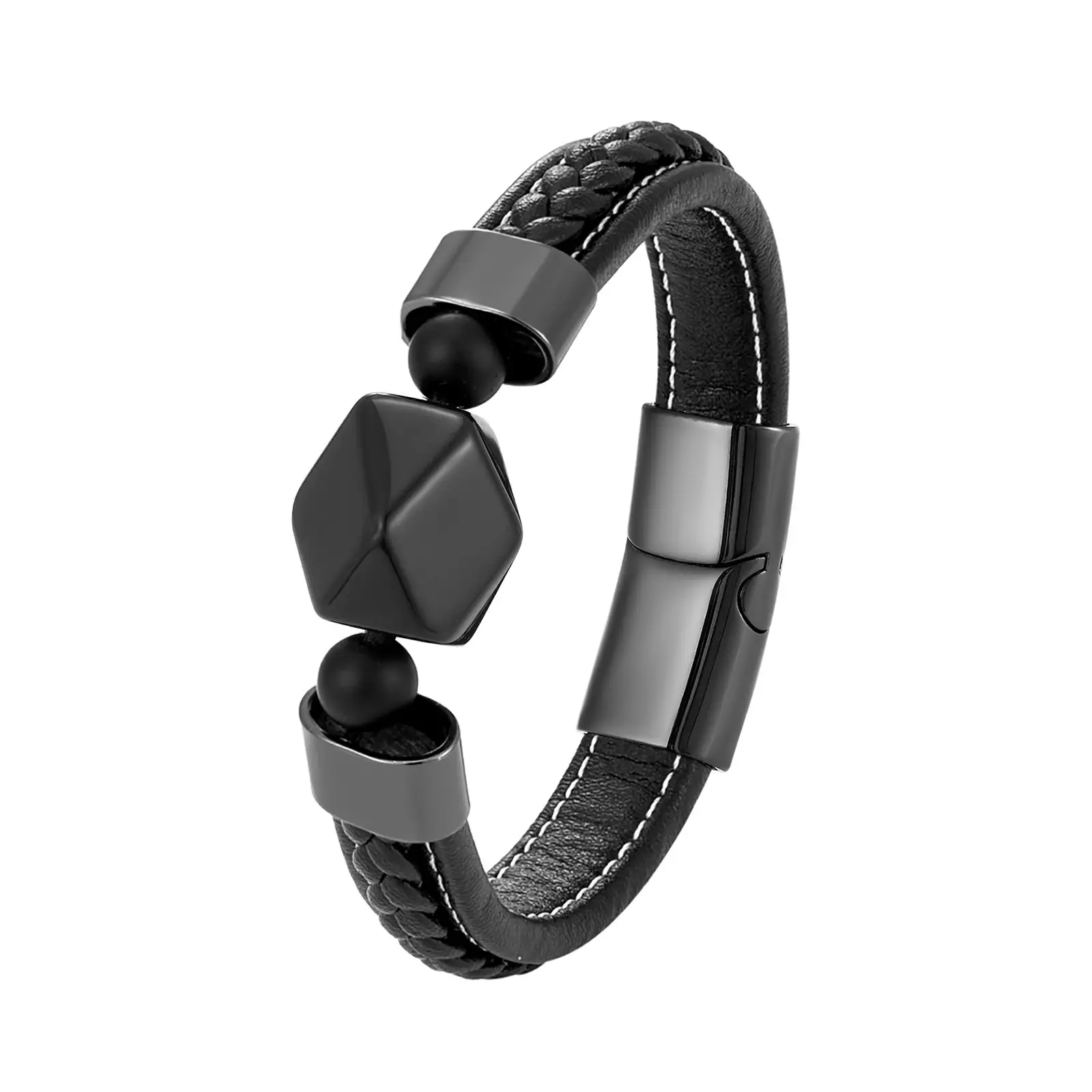 Rhombus Natural Agate 316L Stainless Steel Leather Rope Men's Bracelet