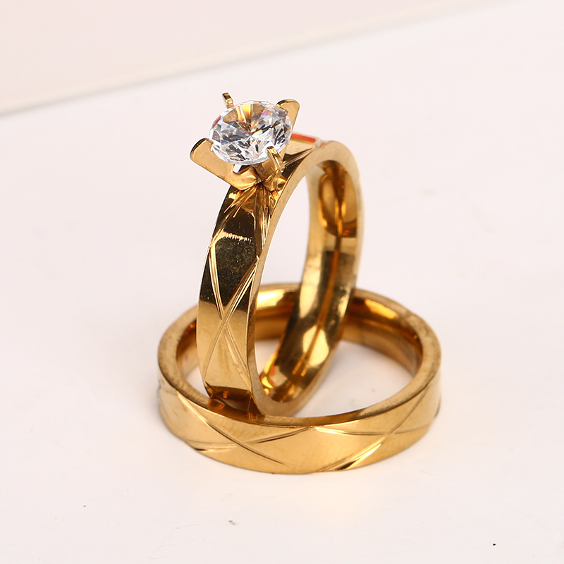 Stainless Steel Diamond Ring Gold Diamond Striped Cross Couple Ring