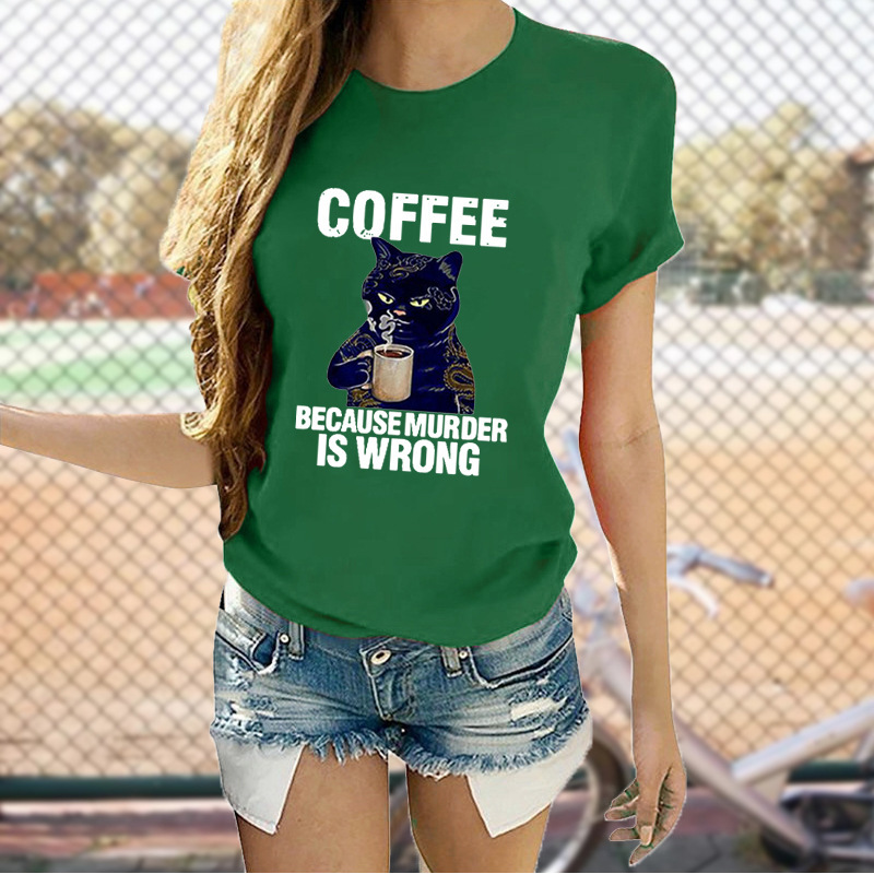 Title 5, Cat Cute Print T-shirt Round Neck Short Sleeve Top