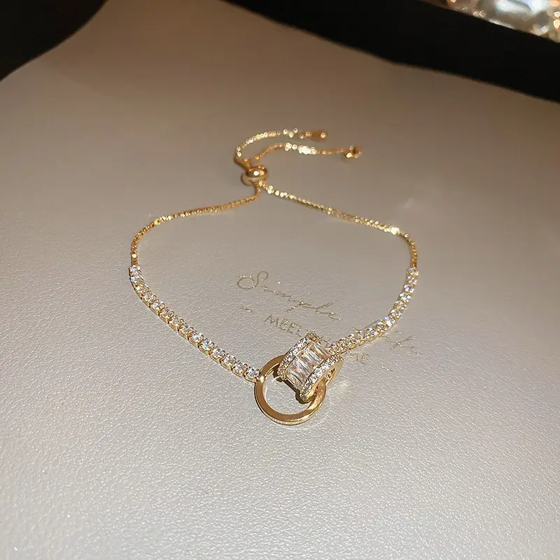 18K Real Gold Plated Colorful Oval Zircon Slider Bracelet Exquisite Drawstring Bangle Luxury Women's Wrist Jewelry