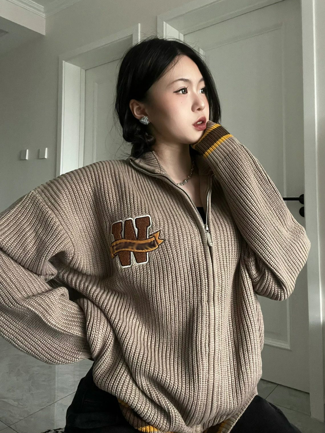 Women's Retro Trendy Brand Letter Loose Knitted Sweater Coat