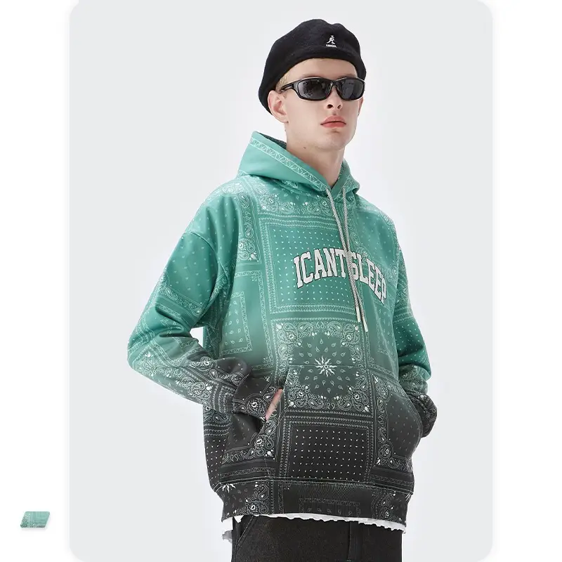 Cashew Flower Foaming Printing Letter Gradual Change Digital Plush Hoodie