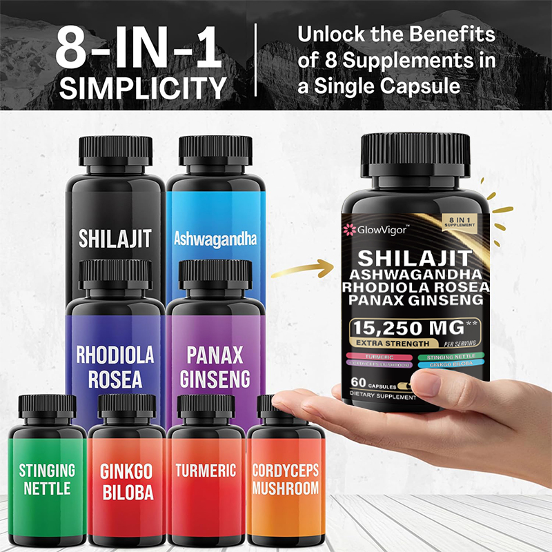 Herbal supplement with Shilajit and Ginseng, Nature's Synergy Formula containing Shilajit Pure Himalayan, Ashwagandha, Rhodiola Rosea, Panax Ginseng, Gingko Biloba, Turmeric, Stinging Nettle, Cordyceps Mushroom, and more in one capsule. Designed for both 