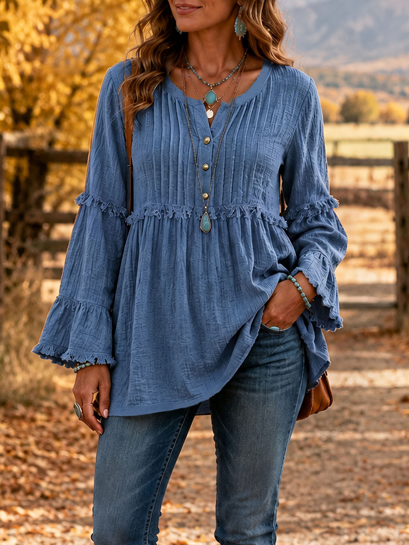 Women Fall Winter Fashion Blouse With Lace Trim, Loose Button Casual Sweatshirt With Tassel Splicing