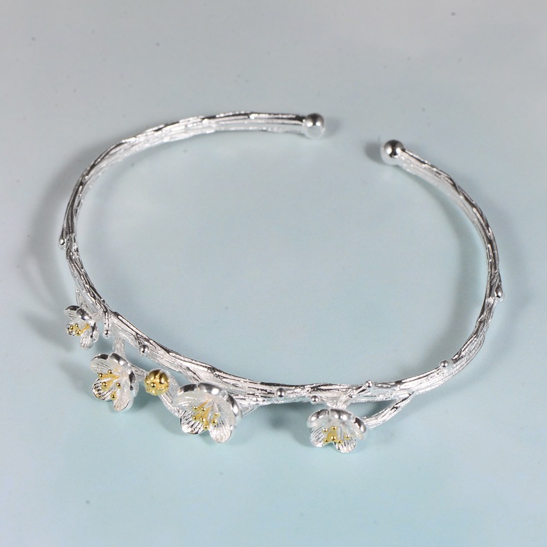 Simple Style Plain Silver Sakura Branch  Bracelet Adjustable