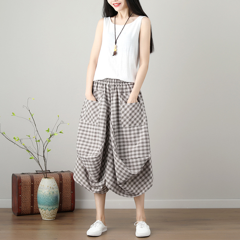 Loose Cotton Linen Plaid Elastic Waist Lantern Skirt