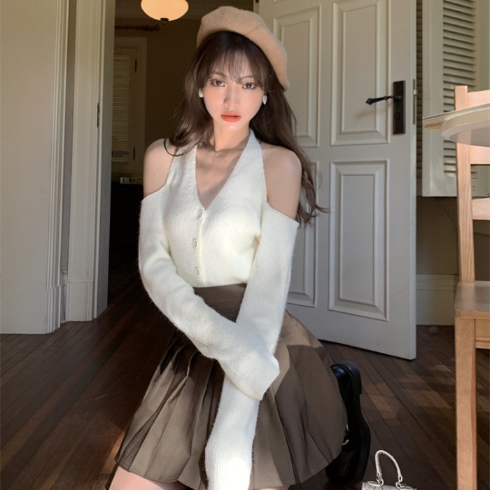 One-shoulder Top Women's Early Autumn Chic V-neck Backless Sweater Loose