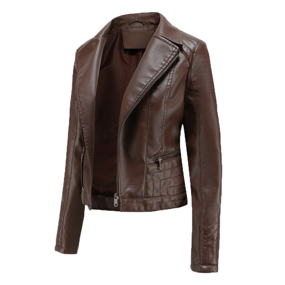 Womens Fashion Lapel Spring And Autumn Washed PU Leather Jacket Coffee - Shop at LoveMi